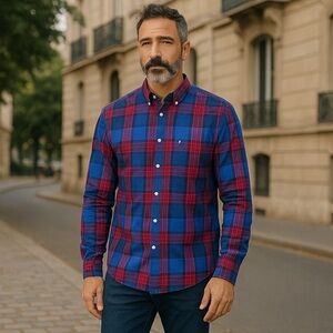 Tommy Hilfiger Plaid Button Down Shirt Mens M Classic Fit Blue Red Logo